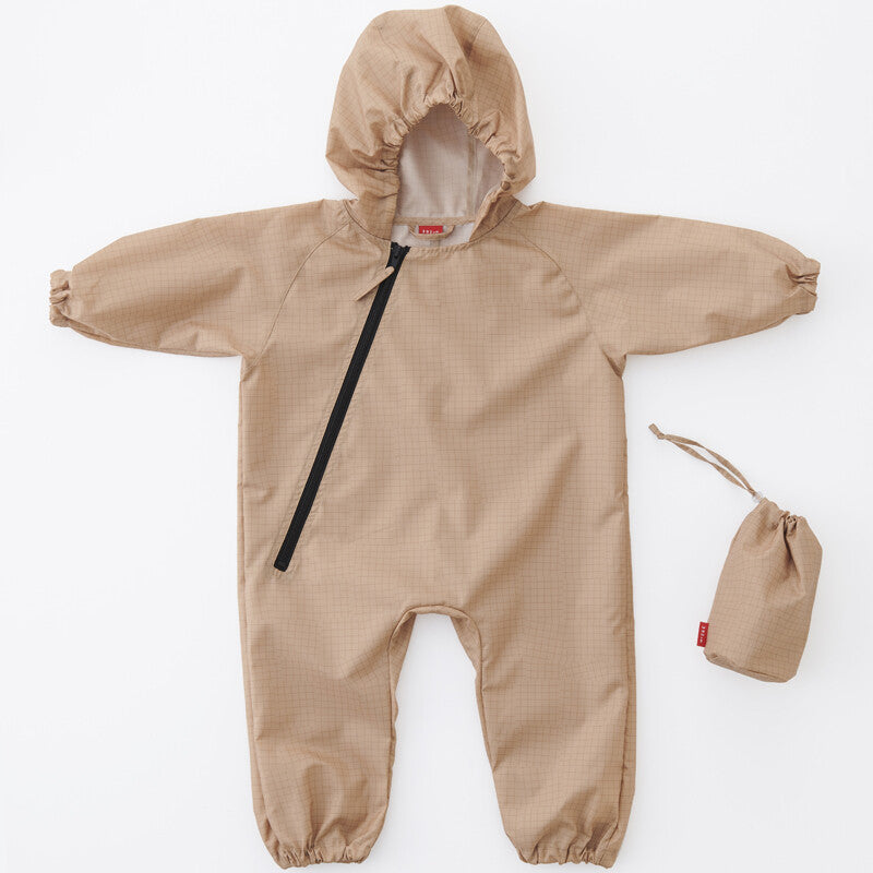 【日本直送】392 Plusm 嬰兒/兒童有帽淺啡格紋連身防水衣連抽繩袋