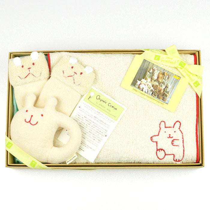 【日本製】Pompkins Baby 100%有機棉嬰兒禮盒 - 兔仔 3 件套裝 (襪仔|毛巾仔|搖鈴)